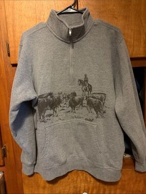 Ariat Heather Gray Quarter-Zip Pullover with Western Cattle Print